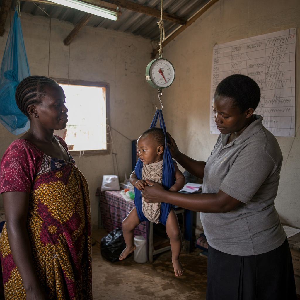 Toddler being weighed on a hanging scale in a nutrition hut