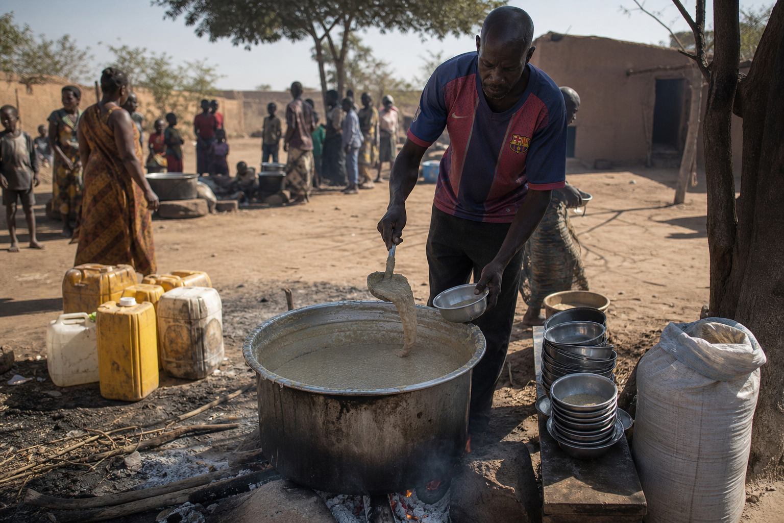 Fortified porridge ladled from a field kitchen pot into metal bowls